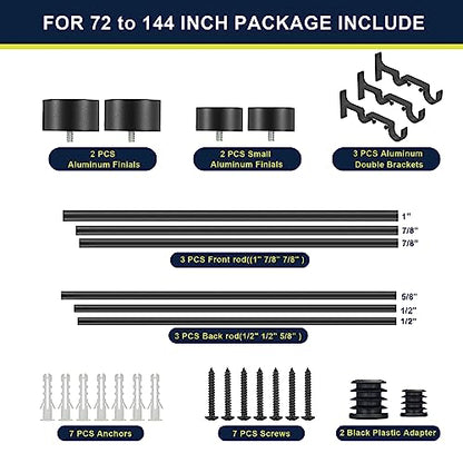 Double Curtain Rods for Windows 72-144 Inches, 1'' Front and 5/8''Back Double Drapery Rods with Premium Aluminum Brackets and End Cap Finials, Adjustable Matte Black Double Window Curtain Rod - color: Matte Black, size: 72-144"