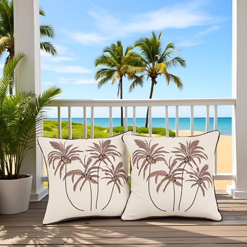Embroidered Pillow Covers 18x18 Brown Coconut Trees Fall Decor - color: Brown Coconut Palm Trees