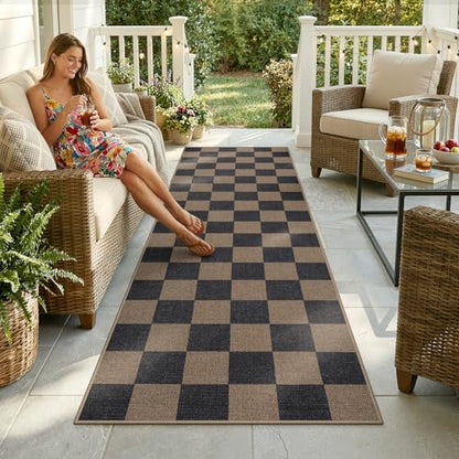 Lahome Checkered Easy Jute Kitchen Runner Rug, 2x8 Outdoor Rugs Washable - color: Chocolate Brown/Checkerboard -1, size: 2'6" x 8' (Runner)