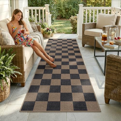 Lahome Checkered Easy Jute Kitchen Runner Rug, 2x8 Outdoor Rugs Washable - color: Chocolate Brown/Checkerboard -1, size: 2'6" x 8' (Runner)