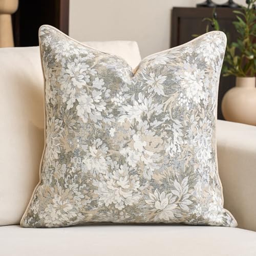 Alerfa Beige Neutral Floral Pillow Cover 20 x 20 Inch, Vintage Chenille Square Couch Pillow Cover Soft Decorative Farmhouse Accent Pillowcase for Living Room Bedroom - color: Beige, size: 20" x 20" (Pack of 1)