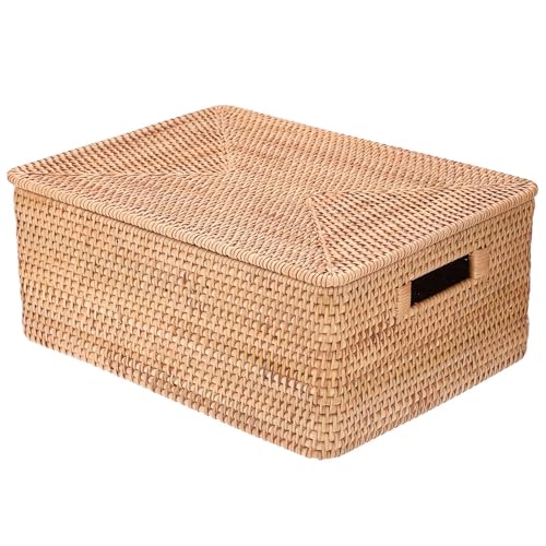 Hipiwe Rattan Basket Box with Lid X-Large Wicker Lidded Decorative Baskets - size: 17"L x 13"W x 6.7"H
