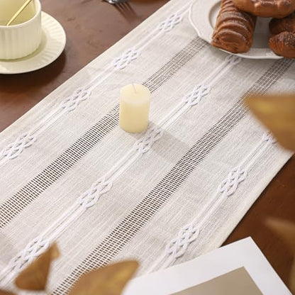 Boho Beige Table Runner 12×120 Long White Stripe Boho Fall Decor - color: White Stripes