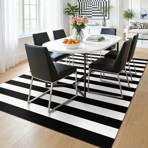 KOZYFLY Black White Rug 5x7 Area Rug Woven Striped Living Room Rugs - color: Black and White, size: 5' x 7' (Rectangular)
