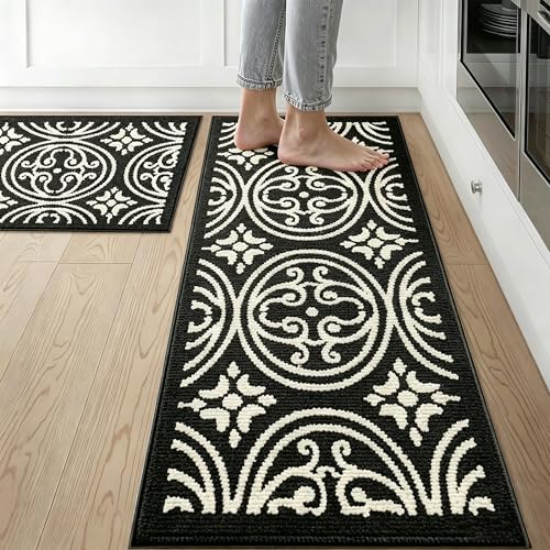 Kitchen Rug Non Slip Washable 18x28 & 18x48 Black Sink Mat - size: 18''× 28''+18''×48''