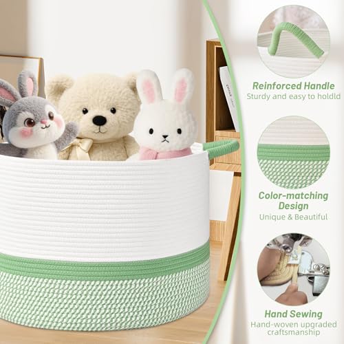 67L Large Blanket Basket, 20"x13" Blanket Basket Living Room, Woven Baskets With Handle, Toy Baskets for Blankets, Nursery, Dog, Pillow, Gift (White & Green) - color: White & Green, size: 67L