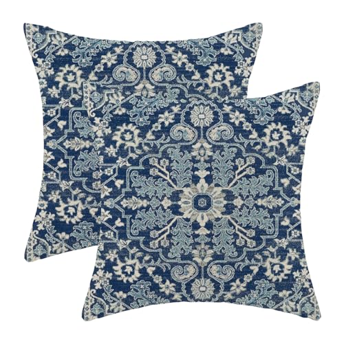 Blue White Boho Pillow Covers 18x18 Set of 2, Carpet Design Decorative Boho Throw Pillows Linen Farmhouse Bohemian Cushion Pillow Covers for Sofa Couch Outdoor Decor - color: Boho-1, size: 18" x 18" (Pack of 2)
