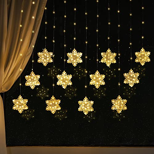 BLOOMWIN Window Lights Christmas Decor 10ft 12 Snowflakes Icicle Lights USB Christmas Curtain Lights for Bedroom Indoor Wall Winter Decorations for Home Church Wedding Birthday, 8 Modes, Warm White - color: Snowflakes-Warm White, size: Snowflakes