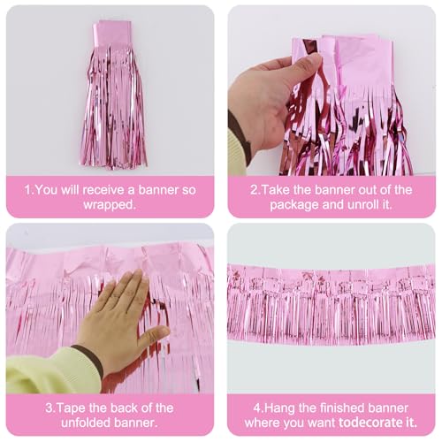 BEISHIDA Pink Fringe Garland Banner 3Pack 30ft Wall Tinsel Foil Streamers - color: Bright Pink