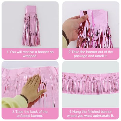 BEISHIDA Pink Fringe Garland Banner 3Pack 30ft Wall Tinsel Foil Streamers - color: Bright Pink