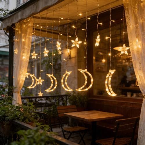 Dazzle Bright Ramadan Curtain String Lights, 138 LED 8.2 FT Warm White Star Moon Window Lights with Timer and 8 Lighting Modes, Waterproof Ramadan Decorations for Bedroom Wall Wedding Outdoor Party - size: Star Moon