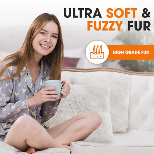 Cheer Collection Throw Pillows for Couch and Bed, Soft Shaggy Throw Pillows with Inserts Included, Cozy Long Hair Faux Fur Pillows - Set of 2-18" x 18" - White - color: White, size: 18 x 18-Inch