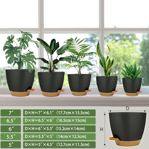 Self Watering Planters with Drainage Holes Reservoir,Nursery Planting Pot for Indoor Decor Garden Plants Succulents,Snake Plant, African Violet,Plastic Flower Pots Set 7+6.5+6+5.5+5 Inch (Black) - color: Black