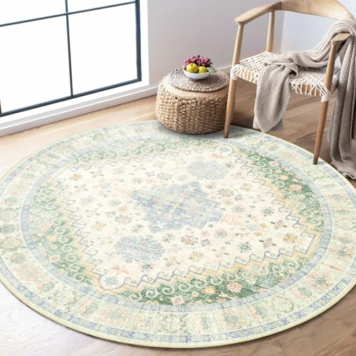 MUJOO Round Rug 4ft Small Cicle Area Rug Washable Low Pile Green and Blue - color: Green and Blue, size: 4' (Round)