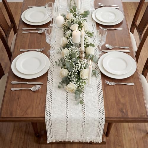 Boho Macrame Table Runner with Tassels 72in White Farmhouse Runner - color: White, size: 12'' x 72''