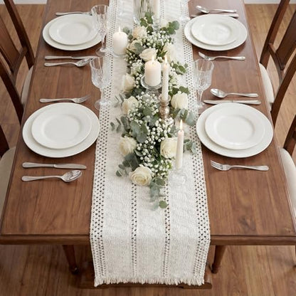 Boho Macrame Table Runner with Tassels 72in White Farmhouse Runner - color: White, size: 12'' x 72''