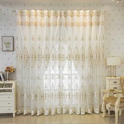 Amidoudou 1 Pair European Double Layer Curtains with Valances for Living Room Bedroom Luxury 3D Flower Embroidered Semi-Blackout Curtains (White,51x96 Inch) - size: 51"W x 96"L (Pack of 2)