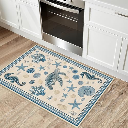 Coastal Nautical Rug 2x3 for Entryway Sea Turtle Starfish Ocean Seashell - color: Coastal, size: 2' x 3' (Rectangular)