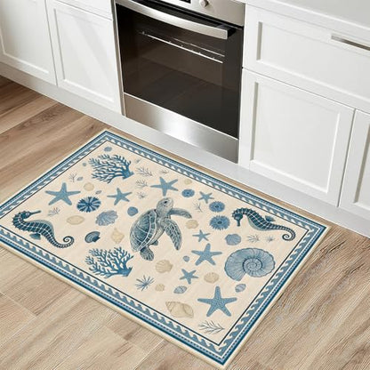 Coastal Nautical Rug 2x3 for Entryway Sea Turtle Starfish Ocean Seashell - color: Coastal, size: 2' x 3' (Rectangular)