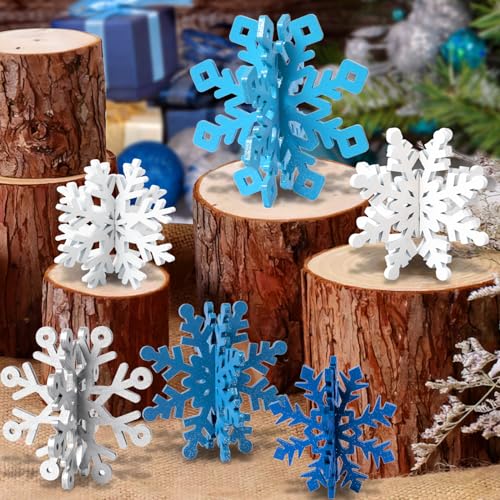 Wooden Snowflake Decorations, 3D Christmas Table Decorations, Set of 12 - color: White Silver Blue, size: 12 set