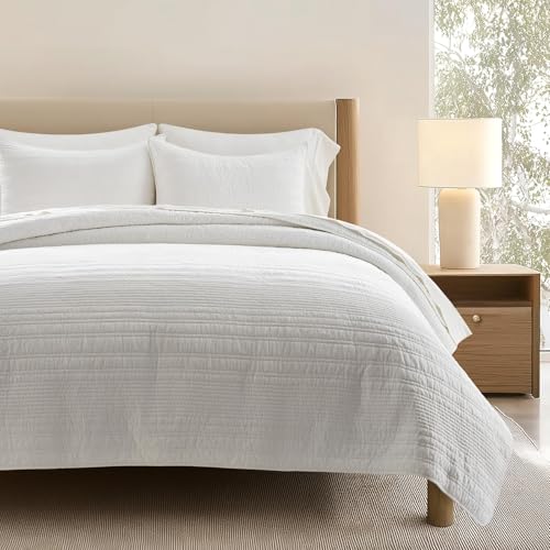 EVERGRACEHOME 100% Cotton Modern Lines Quilt Set Queen Size, Warm White - color: Warm White (Yellow Undertones), size: Full/Queen (92" X 92")