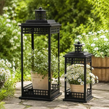 2 Pcs Decorative Lanterns Indoor, Black Lanterns with Candle for Home Decor - size: 17in and 11in