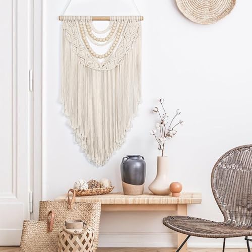 Beige Macrame Wall Hanging Handmade Tapestry with Chic Wooden Beads Tassels