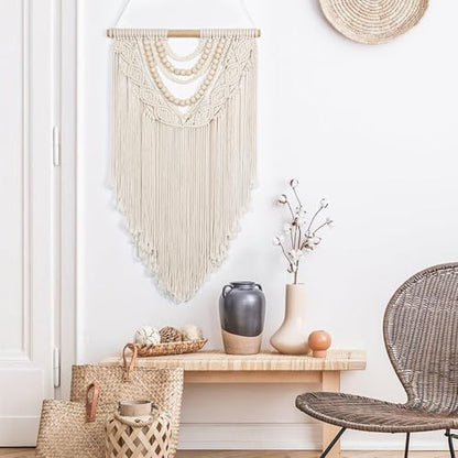 Beige Macrame Wall Hanging Handmade Tapestry with Chic Wooden Beads Tassels