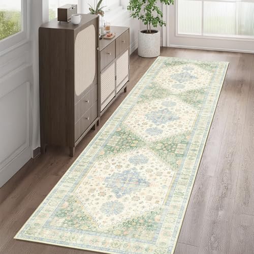 MUJOO Washable Runner Rug 2x8 Area Rugs Low Pile Non Slip Green and Blue - color: Green and Blue, size: 2' x 8' (Rectangular)