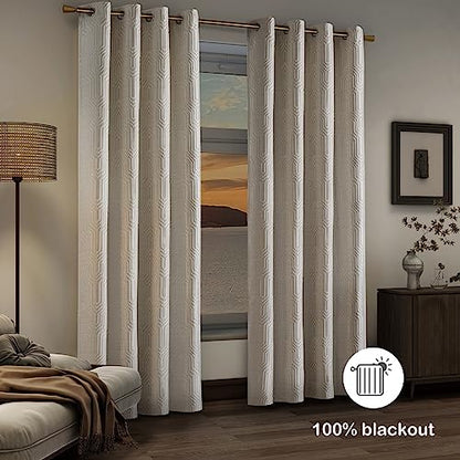 Beige and Silvery 100% Blackout Jacquard Geometric Pattern Curtains,52 Inch Wide 63 Inches Long 2 Panels, Thermal Insulated Noise Reducing Anti-Rust Grommet Drapes for Bedroom Living Room, Cream - color: Beige and Silvery, size: 52"W x 63"L (Pack of 2)