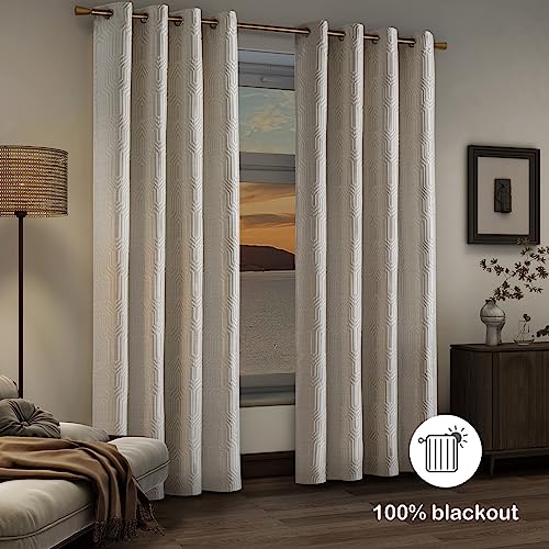 Cream and Silvery 100% Blackout Jacquard Geometric Pattern Curtains,52 Inch Wide 120 Inch Length 2 Panels, Thermal Insulated Noise Reducing Anti-Rust Grommet Drapes for Bedroom Living Room - color: Beige and Silvery, size: 52"W x 120"L (Pack of 2)