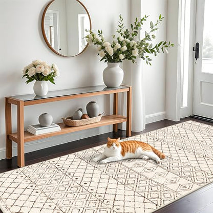 Washable 4x10 Non Slip Moroccan Runner:Hallway Runner Rug Geometric Beige - color: Geo Beige, size: 4' x 10' (Rectangular)
