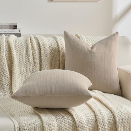 FUTEI Pack of 2 Chenille Striped Throw Pillow Covers 20x20 Inch,Beige - color: Beige, size: 20" x 20" (Pack of 2)