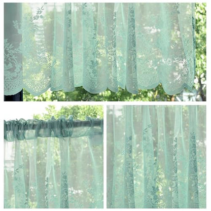 Molaxhome Kitchen Curtains Valance Blue Lace Floral Semi Sheer Curtain - color: Blue-green, size: 29"W x 35"L (Pack of 1)