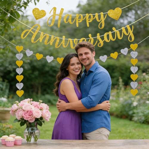 Pre-Strung Happy Anniversary Banner, Happy Anniversary Decorations Glitter Wedding Bunting Banner Flag No DIY Party Decoration Garland for Anniversary