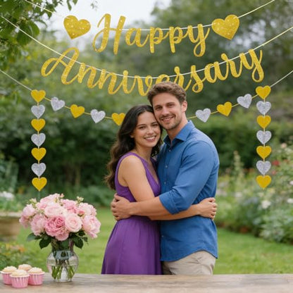Pre-Strung Happy Anniversary Banner, Happy Anniversary Decorations Glitter Wedding Bunting Banner Flag No DIY Party Decoration Garland for Anniversary