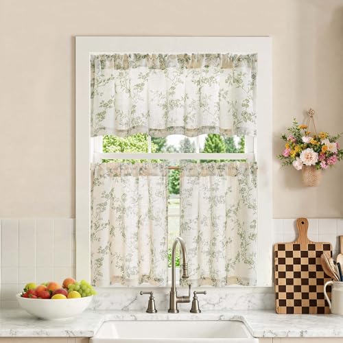 jinchan Green Linen Floral Kitchen Tier Curtains and Valance Set 3 Pieces - color: Alisa | Green on Linen, size: 26"W x 24"L (Pack of 3)
