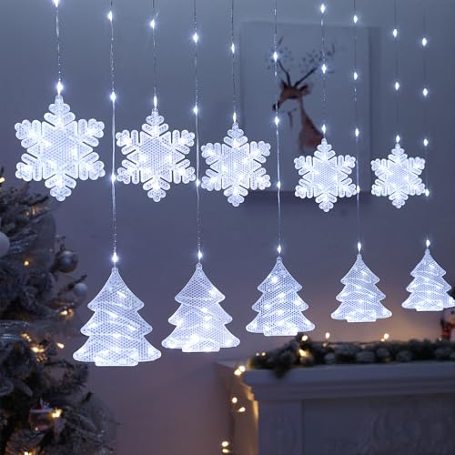 BLOOMWIN Christmas Window Lights Indoor - 2M 160 LED Christmas Window Decorations, Snowflake Curtain Hanging Fairy String Icicle Lights for Xmas Noel Bedroom Holiday Home Outdoor, Cold White USB - color: Snowflakes-Cool White, size: Snowflakes & Trees