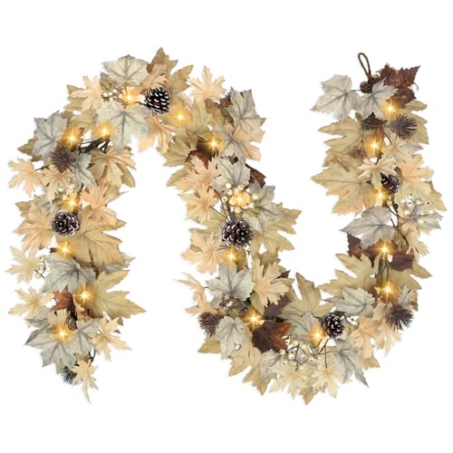 Realistic Fall Garland with Lights, 6 FT Real Touch Feel Leaves Garland with Berries Pine Cones, Fall Decorations for Home Thanksgiving Halloween Decorations Indoor Farmhouse Porch Fireplace - size: 6ft-beige