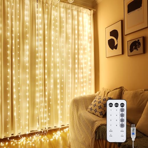 Fairy Curtain Lights for Bedroom, 9.8x9.8 Ft Fairy Lights Curtain with Remote, 300 LED String Light 8 Flashing Modes USB Plug in for Dorm Backdrop Window Wall Indoor Outdoor (Warm White) - color: Warm White
