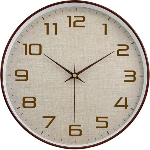 Woodgrain Wall Clock, Silent Non-Ticking Wall Clocks Battery Operated 8 Inch, Linen Texture Large Easy-to-Read Numbers Modern Analog Clock for Bedroom Living Room Kitchen Office Gym, Brown - color: Mocha Brown White, size: 8 Inch