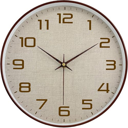 Woodgrain Wall Clocks Battery Operated 12 Inch with Linen Texture Face, Large Number Silent Digital Wall Clock, Non Ticking Analog Clock for Bedroom Living Room Bathroom Kitchen Office,Brown - color: Mocha Brown White, size: 12 Inch