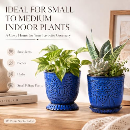 Gepege Ceramic Plant Pots, 6 Inch Indoor Planters with Drainage & Saucers - color: Blue, size: 6 Inch - Set of 2