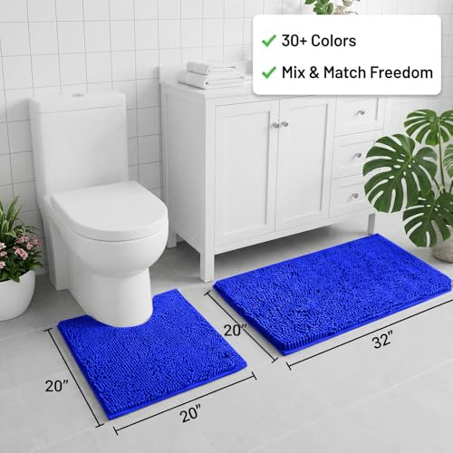 Bathroom Rugs Sets 2 Piece,Super Absorbent Chenille Bath Mats and U-Shaped Toilet Rug,Strong PVC Non Slip Backing,Microfiber Washable Dry Quickly Bath Mats for Bathroom(20"x32"+20"x20"U, Royal Blue) - color: Royal Blue