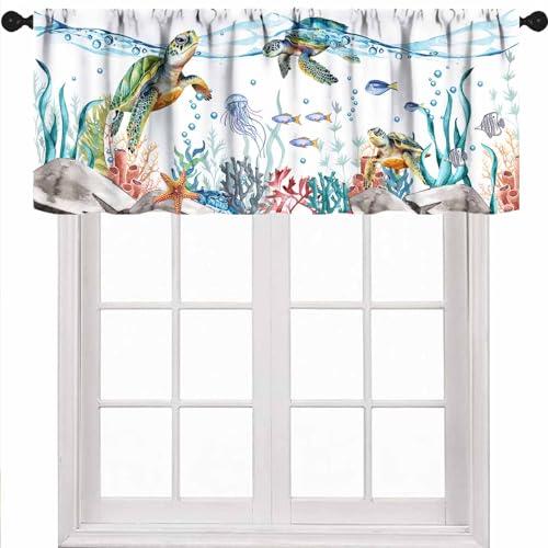 Nautical Turtle Curtains Valances,Starfish Seaweed Nautical Map Texture Valances for Kitchen Bedroom Living Room Bathroom Windows Curtain 1 Piece,54x18 Inch - color: Coastal-8