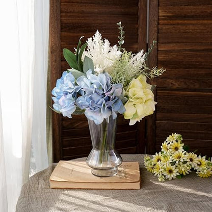 LUEUR Artificial Blue Hydrangea Flowers in Vase Centerpiece – Coastal Style - color: Green & Yellow