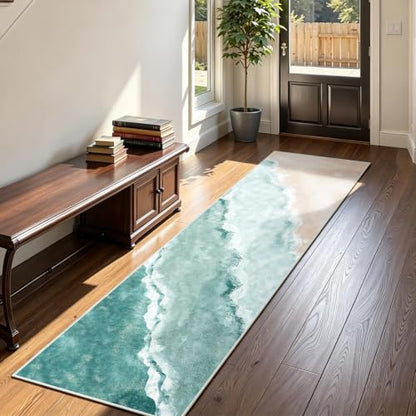 Beach Pattern 2x8ft Runner Rug Non Slip Washable Kitchen Runner Rug with Rubber Backing，Low-Pile Soft Washable Runner Rugs for Hallway Entryway Kitchen Bedroom Living Room Bathroom Teal - color: Teal Beach, size: 2' x 8' (Rug)