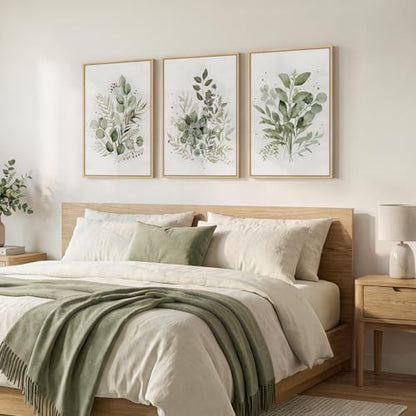Framed 3 Piece Sage Green Botanical Wall Art for Living Room,16x24 In - color: Green & White, size: 16" W x 24" H x 3Pcs
