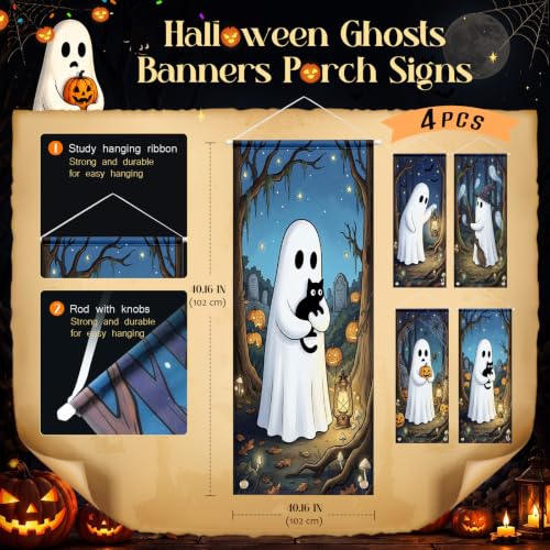 4 Pcs Halloween Ghost Tapestry Banners, Porch Hanging Decor