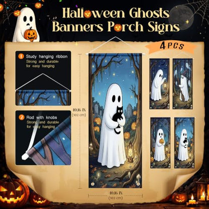 4 Pcs Halloween Ghost Tapestry Banners, Porch Hanging Decor